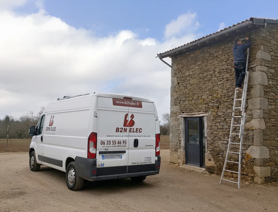 Atelier d'&eacute;lectricien avec outils professionnels dispos&eacute;s sur &eacute;tabli en bois