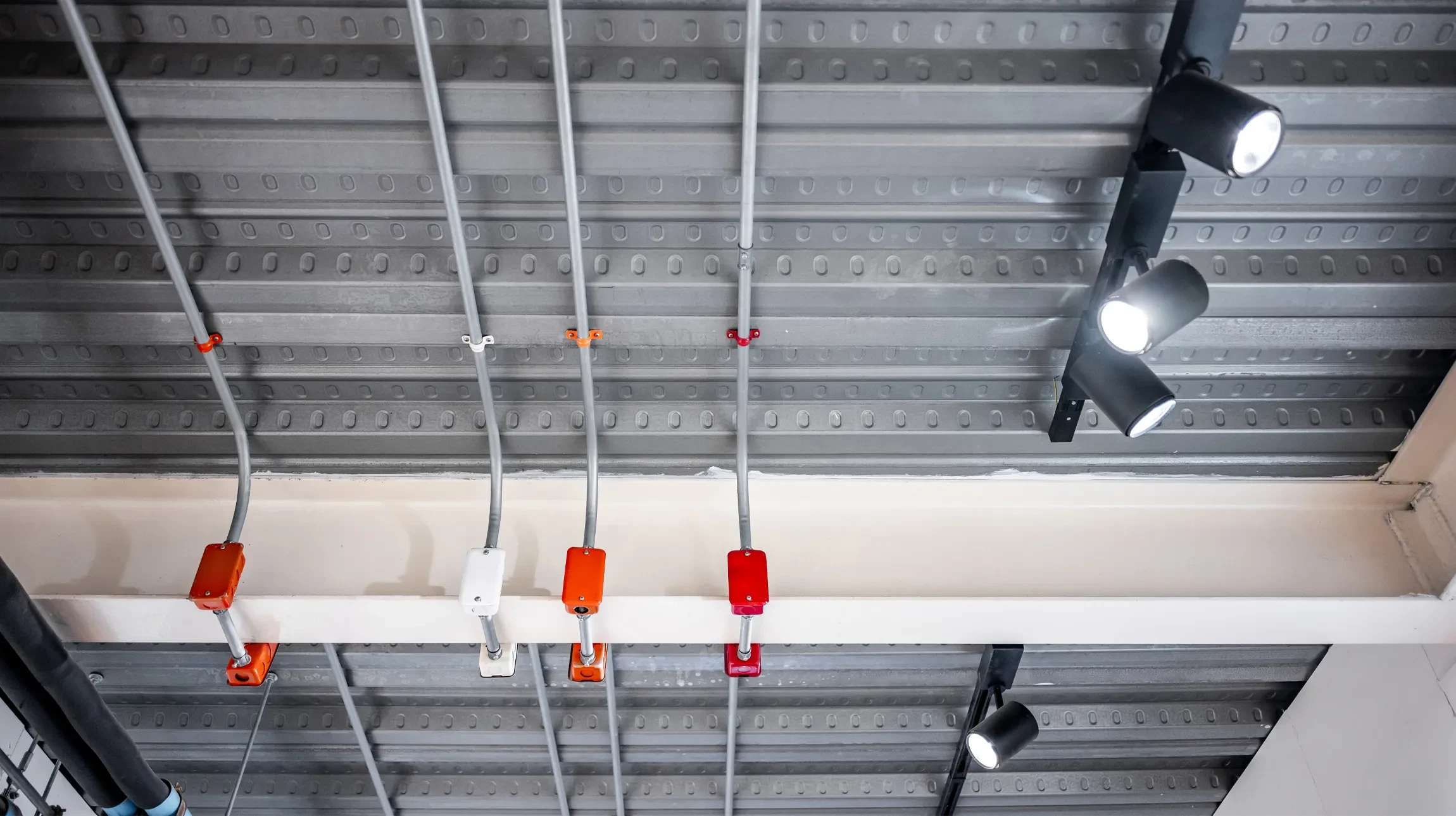 Magasin de chaussures et maroquinerie moderne avec présentoirs muraux illuminés exposant bottes, escarpins, sacs à main et accessoires de cuir